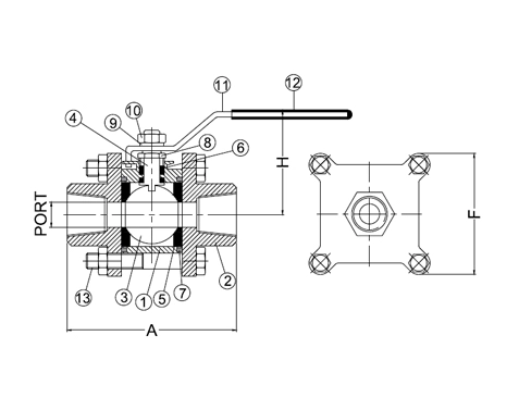 3 PC Bolted Design Female Screwed End Drawing